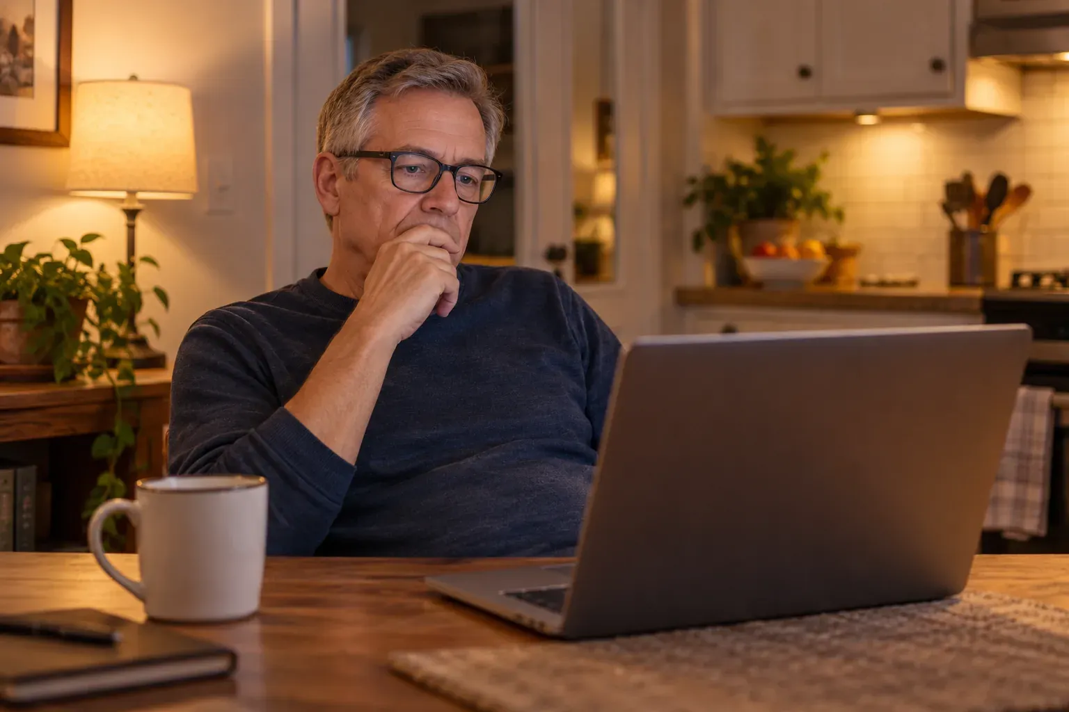 A man in his late 50s alone at his kitchen table in the evening, hand at his mouth, quietly reading something on a laptop.